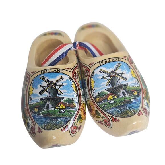Holland Wooden Clogs Klompen 4" Mini  Shoes Small Windmill scene floral design - Picture 1 of 6